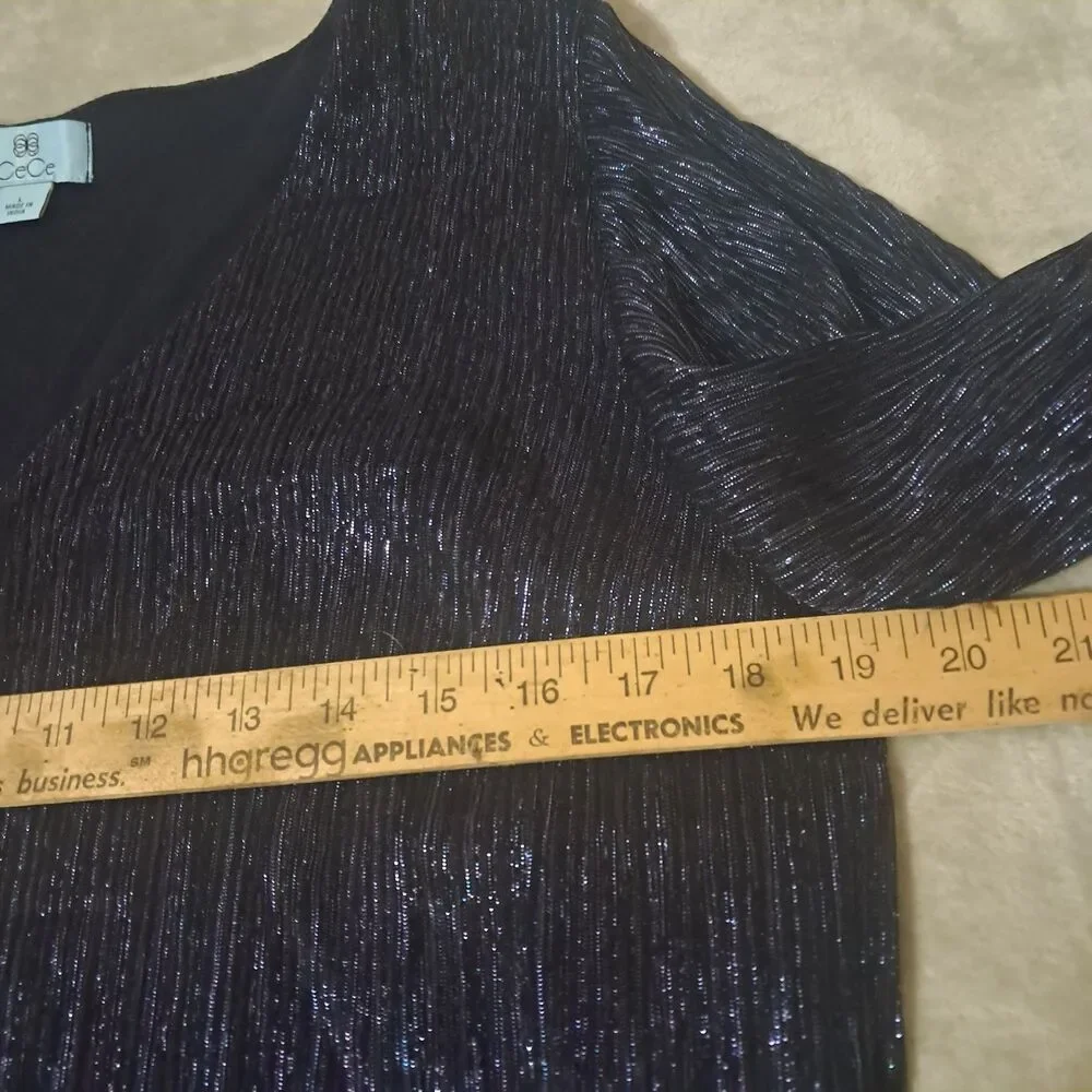 CeCe Womens Navy Blue Metallic Shimmer Blouse Large V Neck Long Sleeve Dress Top